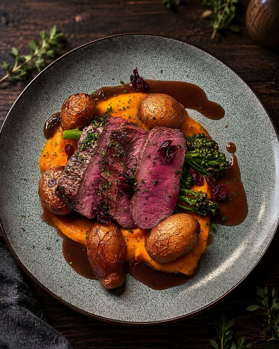 Skivet hjortefilet med gulrotpuré, tranebær, brokkolini, småpoteter og rødvinsaus på en grå steintallerken