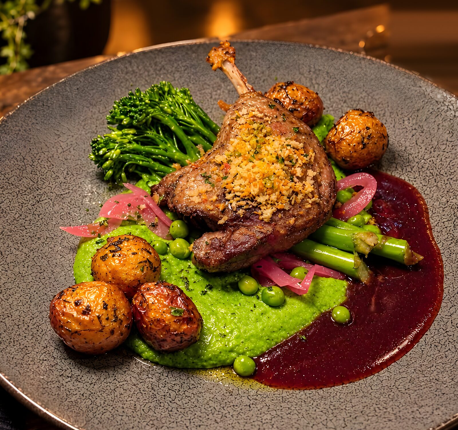 Konfitert andelår med urtecrust på ertepuré med mynte, brokkolini, småpoteter og rødvinsaus, servert på et bord med levende lys