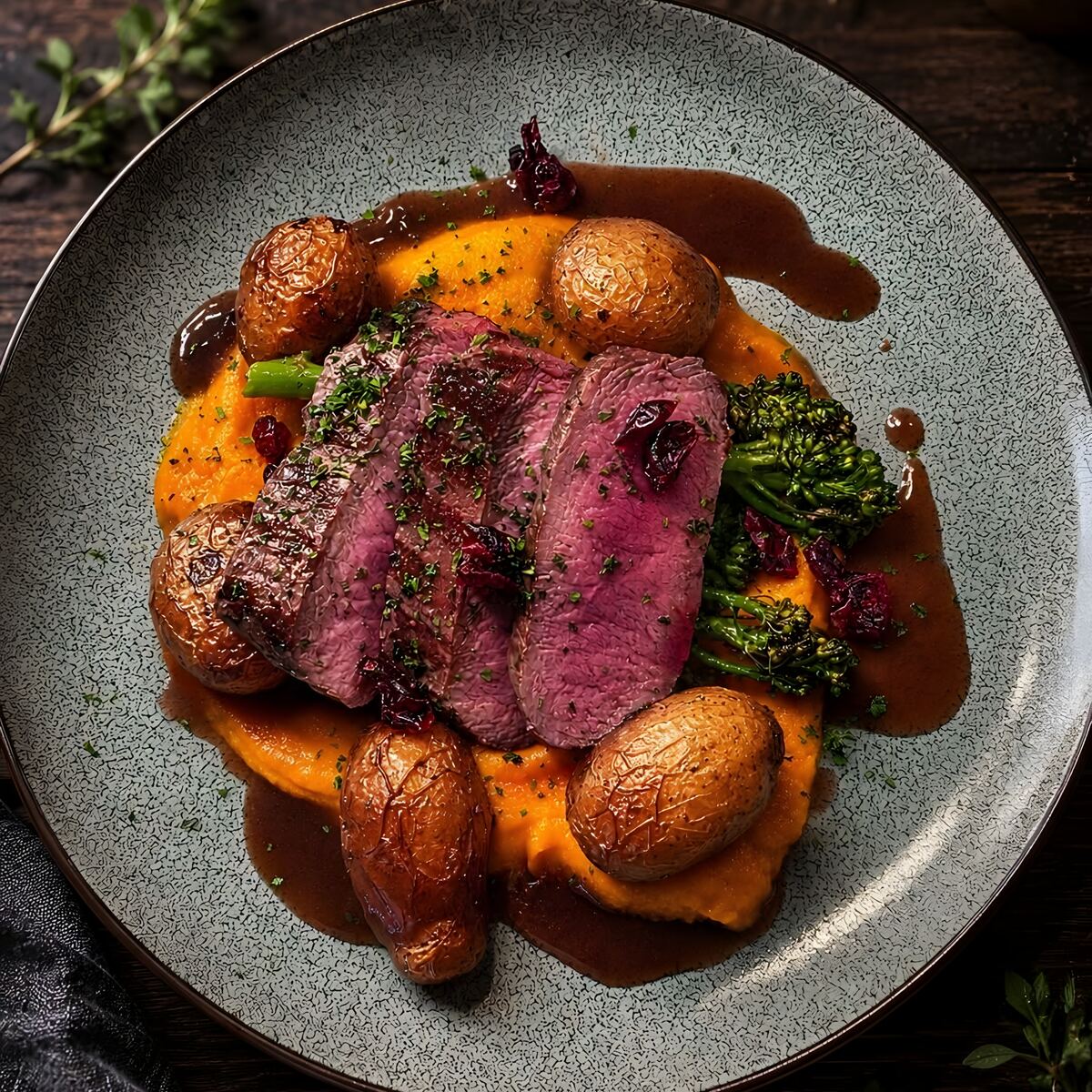Skivet hjortefilet med gulrotpuré, tranebær, brokkolini, småpoteter og rødvinsaus