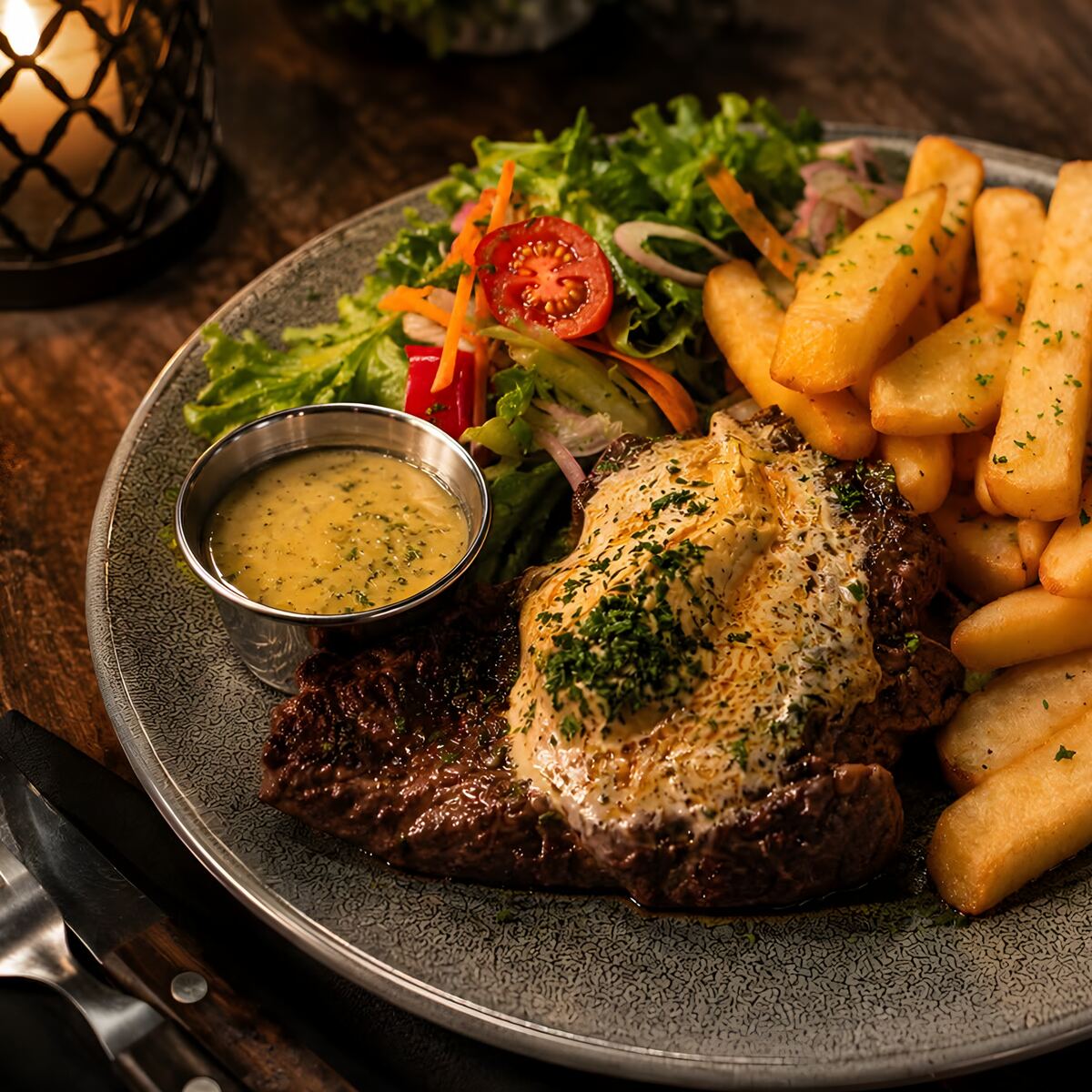 Biff med urtesmør, tykke pommes frites, salat og en liten skål bearnaise